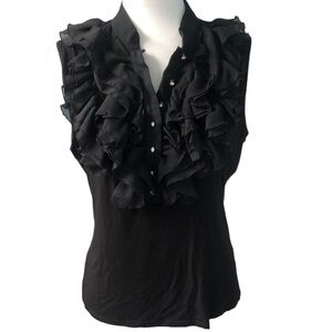 August Silk Ruffle Front Shirt Rhinestone Button Tank Top Black Size PL